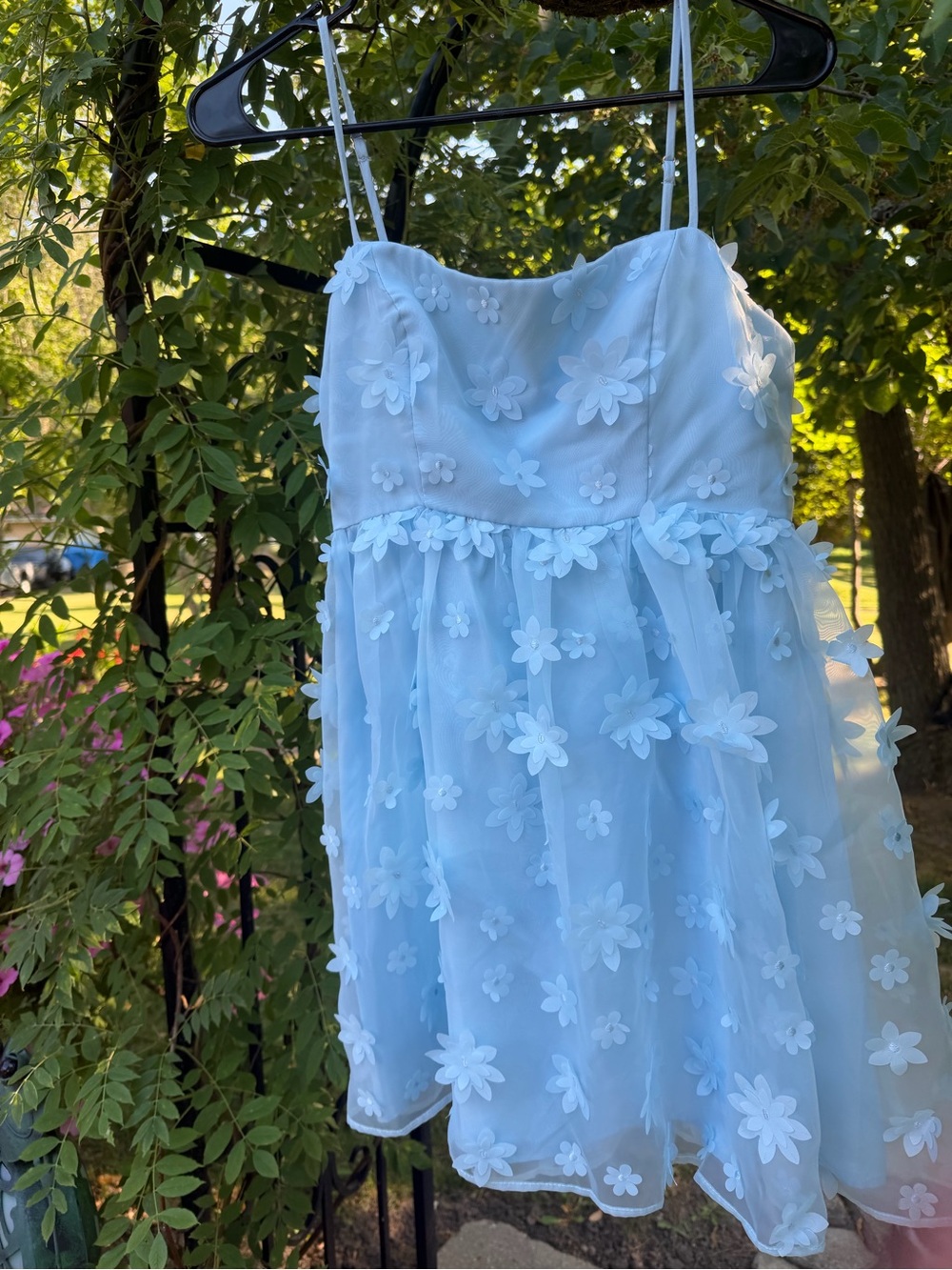 Windsor Light Blue Floral Appliqué Spaghetti Strap Dress
